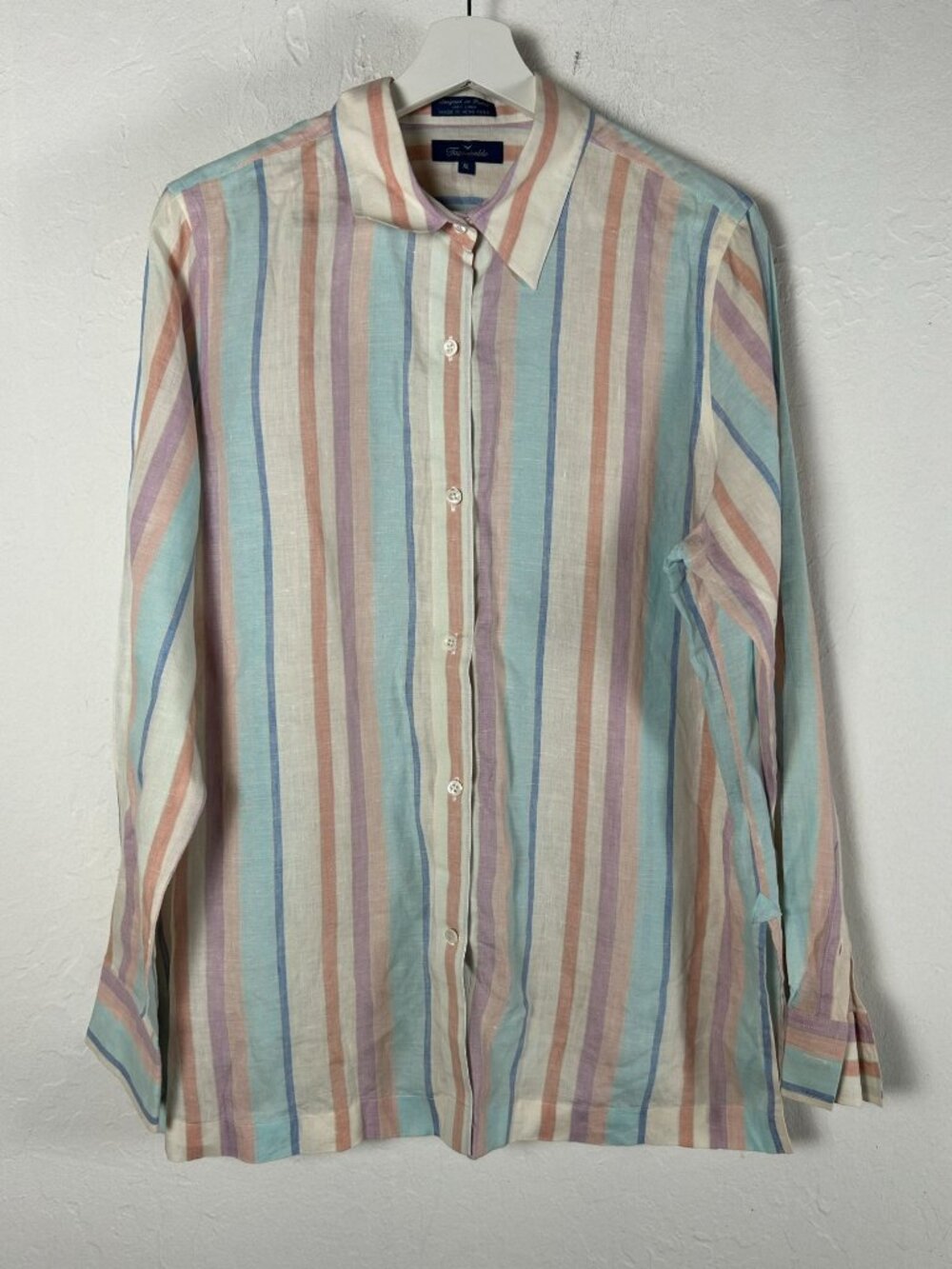 Faconnable Mens Striped Linen Button-Up Shirt XL Pastel Multicolor Long Sleeve